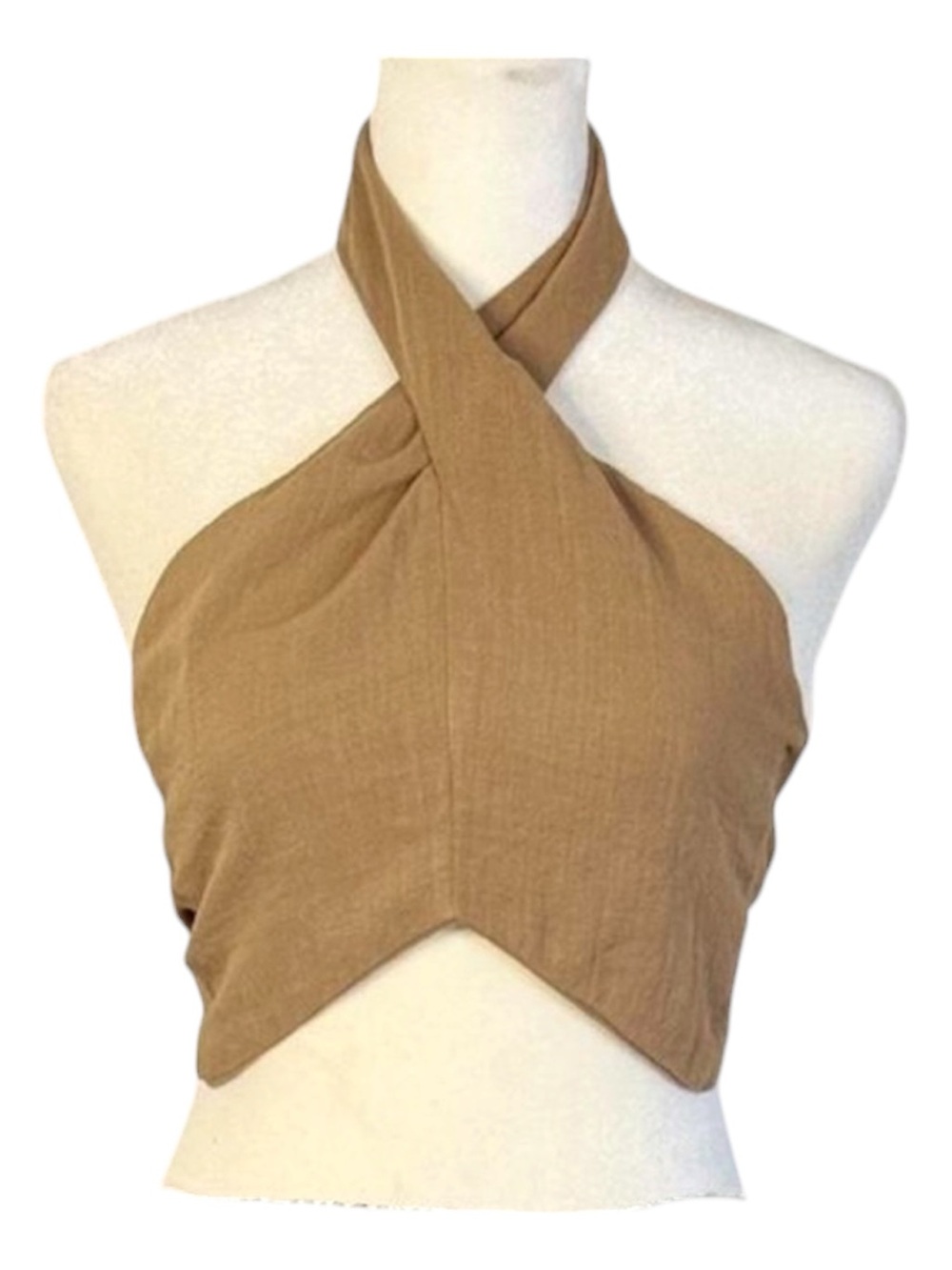 H&M Double Layer Criss Cross Halter Crop Top in Tan/ Camel Brown Women's Size XS